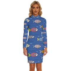 Sea Fish Blue Submarine Animals Patteen Long Sleeve Shirt Collar Bodycon Dress