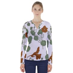 Nasturtium Flowers Plant Leaves V-neck Long Sleeve Top by Ndabl3x