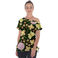 Flowers Rose Blossom Pattern Off Shoulder Tie-up T-shirt