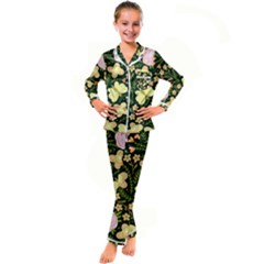 Flowers Rose Blossom Pattern Kids  Satin Long Sleeve Pajamas Set by Ndabl3x