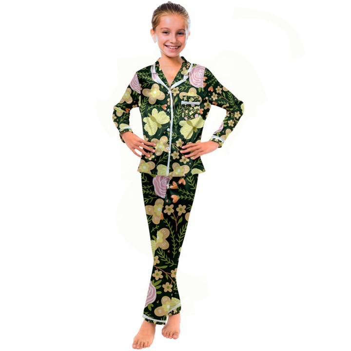 Flowers Rose Blossom Pattern Kids  Satin Long Sleeve Pajamas Set