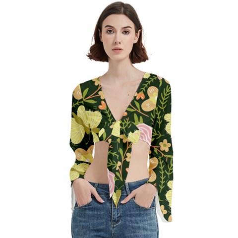 Flowers Rose Blossom Pattern Trumpet Sleeve Cropped Top by Ndabl3x