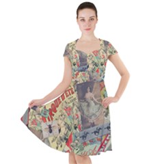 Paper Scattered Vintage Cap Sleeve Midi Dress With Pockets