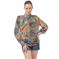 Paper Scattered Vintage High Neck Long Sleeve Chiffon Top by Ndabl3x