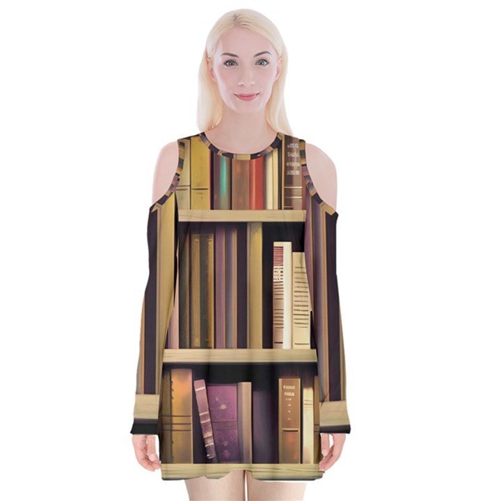 Books Bookshelves Office Fantasy Background Artwork Book Cover Apothecary Book Nook Literature Libra Velvet Long Sleeve Shoulder Cutout Dress