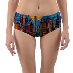 City New York Nyc Skyscraper Skyline Downtown Night Business Urban Travel Landmark Building Architec Reversible Mid-waist Bikini Bottoms by Posterlux