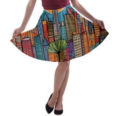 City New York Nyc Skyscraper Skyline Downtown Night Business Urban Travel Landmark Building Architec A-line Skater Skirt by Posterlux