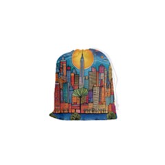 City New York Nyc Skyscraper Skyline Downtown Night Business Urban Travel Landmark Building Architec Drawstring Pouch (xs) by Posterlux