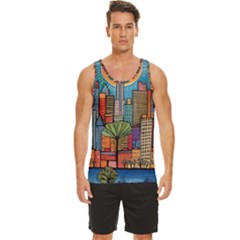 City New York Nyc Skyscraper Skyline Downtown Night Business Urban Travel Landmark Building Architec Men s Wide Collar Tank Top