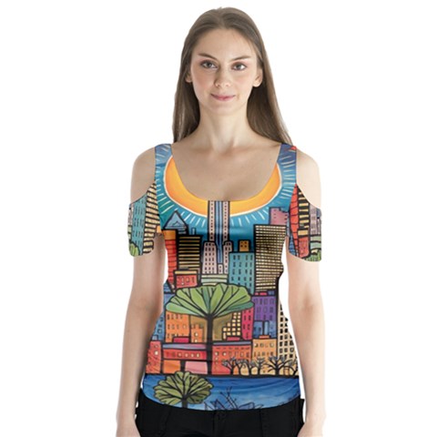 City New York Nyc Skyscraper Skyline Downtown Night Business Urban Travel Landmark Building Architec Butterfly Sleeve Cutout T-shirt  by Posterlux