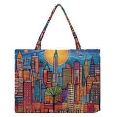 City New York Nyc Skyscraper Skyline Downtown Night Business Urban Travel Landmark Building Architec Zipper Medium Tote Bag by Posterlux