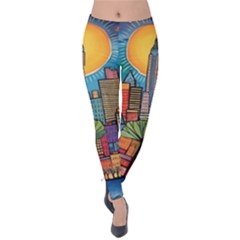 City New York Nyc Skyscraper Skyline Downtown Night Business Urban Travel Landmark Building Architec Velvet Leggings by Posterlux