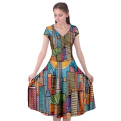 City New York Nyc Skyscraper Skyline Downtown Night Business Urban Travel Landmark Building Architec Cap Sleeve Wrap Front Dress