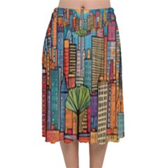 City New York Nyc Skyscraper Skyline Downtown Night Business Urban Travel Landmark Building Architec Velvet Flared Midi Skirt