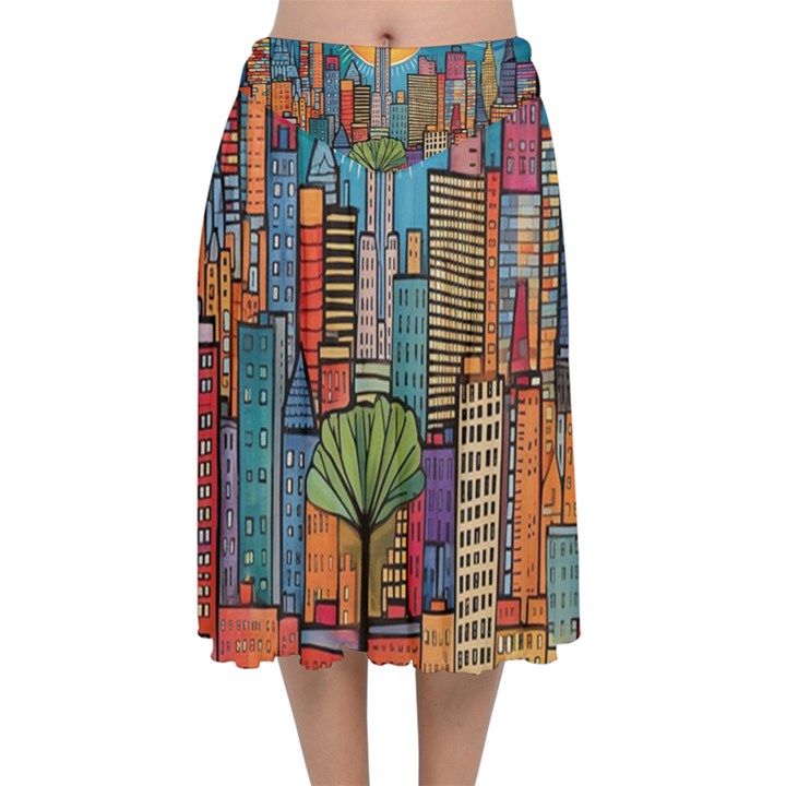 City New York Nyc Skyscraper Skyline Downtown Night Business Urban Travel Landmark Building Architec Velvet Flared Midi Skirt