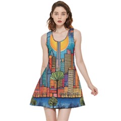 City New York Nyc Skyscraper Skyline Downtown Night Business Urban Travel Landmark Building Architec Inside Out Reversible Sleeveless Dress by Posterlux