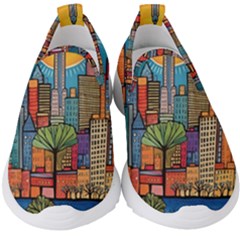 City New York Nyc Skyscraper Skyline Downtown Night Business Urban Travel Landmark Building Architec Kids  Slip On Sneakers by Posterlux