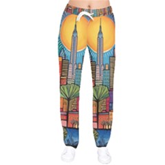 City New York Nyc Skyscraper Skyline Downtown Night Business Urban Travel Landmark Building Architec Women Velvet Drawstring Pants