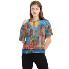 City New York Nyc Skyscraper Skyline Downtown Night Business Urban Travel Landmark Building Architec One Shoulder Cut Out T-shirt by Posterlux