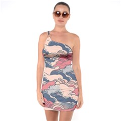 Waves Ocean Sea Water Pattern Rough Seas Digital Art Nature Nautical One Shoulder Ring Trim Bodycon Dress by Bedest