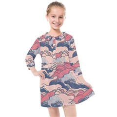 Waves Ocean Sea Water Pattern Rough Seas Digital Art Nature Nautical Kids  Quarter Sleeve Shirt Dress by Bedest