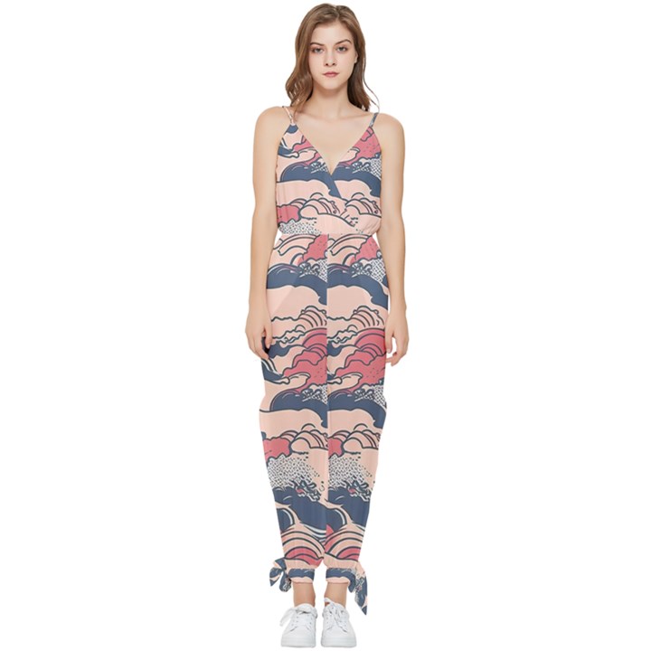 Waves Ocean Sea Water Pattern Rough Seas Digital Art Nature Nautical Sleeveless Tie Ankle Chiffon Jumpsuit