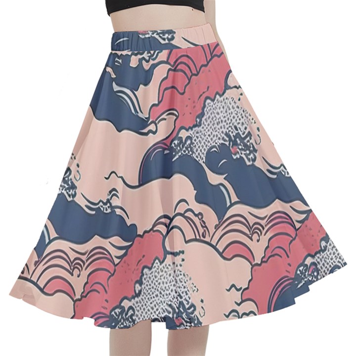 Waves Ocean Sea Water Pattern Rough Seas Digital Art Nature Nautical A-Line Full Circle Midi Skirt With Pocket