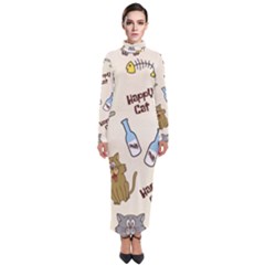 Happy Cats Pattern Background Turtleneck Maxi Dress