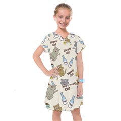 Happy Cats Pattern Background Kids  Drop Waist Dress by Grandong