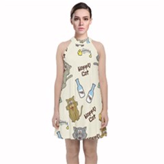 Happy Cats Pattern Background Velvet Halter Neckline Dress 