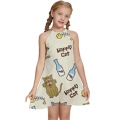 Happy Cats Pattern Background Kids  Halter Collar Waist Tie Chiffon Dress by Grandong