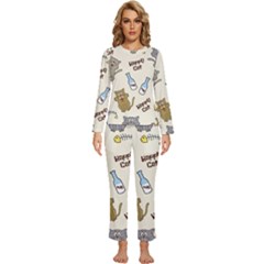 Happy Cats Pattern Background Womens  Long Sleeve Lightweight Pajamas Set by Grandong