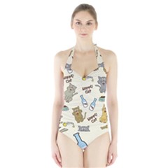 Happy Cats Pattern Background Halter Swimsuit by Grandong