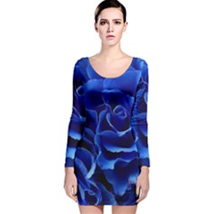 Blue Roses Flowers Plant Romance Blossom Bloom Nature Flora Petals Long Sleeve Velvet Bodycon Dress by Proyonanggan