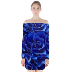 Blue Roses Flowers Plant Romance Blossom Bloom Nature Flora Petals Long Sleeve Off Shoulder Dress by Proyonanggan