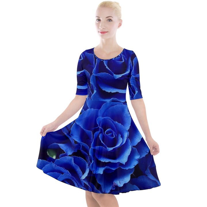 Blue Roses Flowers Plant Romance Blossom Bloom Nature Flora Petals Quarter Sleeve A-Line Dress With Pockets