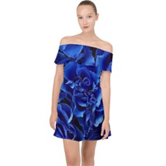 Blue Roses Flowers Plant Romance Blossom Bloom Nature Flora Petals Off Shoulder Chiffon Dress by Proyonanggan