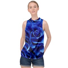 Blue Roses Flowers Plant Romance Blossom Bloom Nature Flora Petals High Neck Satin Top by Proyonanggan