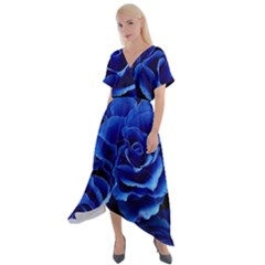 Blue Roses Flowers Plant Romance Blossom Bloom Nature Flora Petals Cross Front Sharkbite Hem Maxi Dress by Proyonanggan