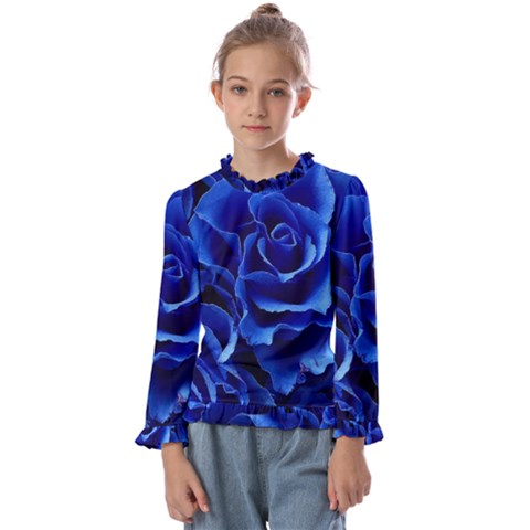 Blue Roses Flowers Plant Romance Blossom Bloom Nature Flora Petals Kids  Frill Detail T-shirt by Proyonanggan