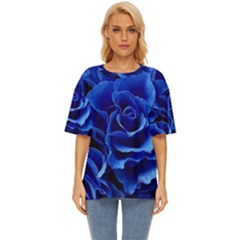 Blue Roses Flowers Plant Romance Blossom Bloom Nature Flora Petals Oversized Basic T-shirt by Proyonanggan