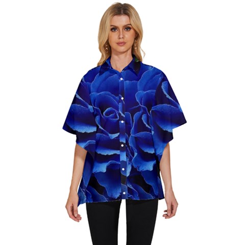 Blue Roses Flowers Plant Romance Blossom Bloom Nature Flora Petals Women s Batwing Button Up Shirt by Proyonanggan