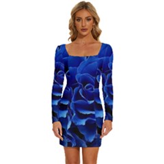 Blue Roses Flowers Plant Romance Blossom Bloom Nature Flora Petals Long Sleeve Square Neck Bodycon Velvet Dress by Proyonanggan