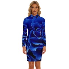 Blue Roses Flowers Plant Romance Blossom Bloom Nature Flora Petals Long Sleeve Shirt Collar Bodycon Dress by Proyonanggan