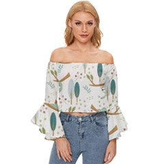 Pattern Sloth Woodland Off Shoulder Flutter Bell Sleeve Top