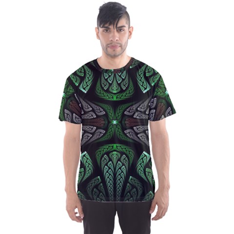 Fractal Green Black 3d Art Floral Pattern Men s Sport Mesh T-shirt by Cemarart