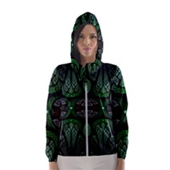 Fractal Green Black 3d Art Floral Pattern Women s Hooded Windbreaker by Cemarart