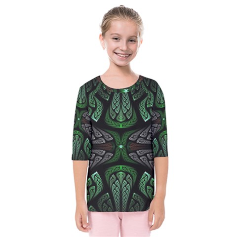 Fractal Green Black 3d Art Floral Pattern Kids  Quarter Sleeve Raglan T-shirt by Cemarart