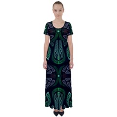 Fractal Green Black 3d Art Floral Pattern High Waist Short Sleeve Maxi Dress by Cemarart