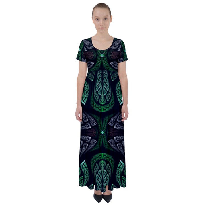 Fractal Green Black 3d Art Floral Pattern High Waist Short Sleeve Maxi Dress